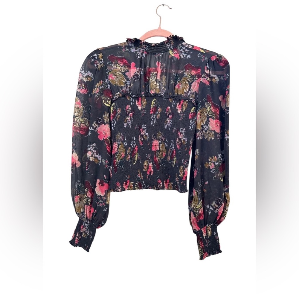 Cinq A Sept Women's Esmaralda 100% Silk Chiffon Black Floral Mock Neck Top Sz S - Picture 8 of 13